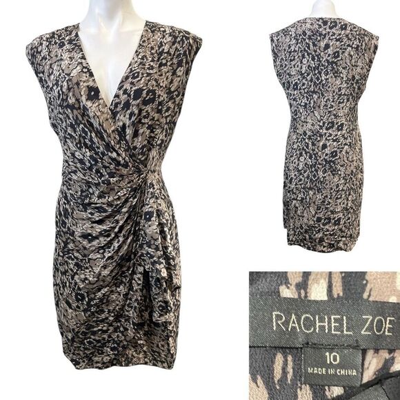Rachel Zoe dress size 10 tan/black multicolor‎ 100% silk sleeveless faux wrap - Picture 1 of 6